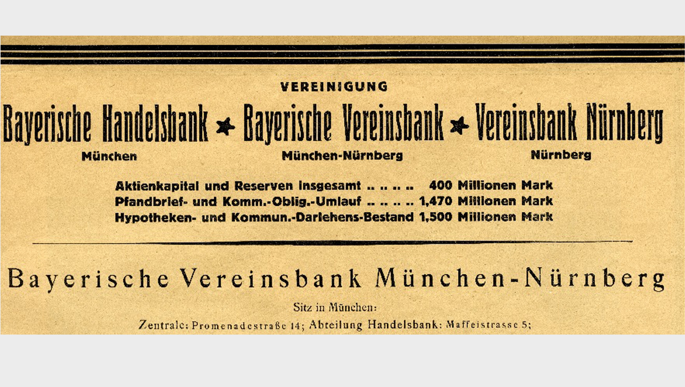 1920/21 übernahm die Bayerische Vereinsbank die Bankabteilungen der Bayerischen Handelsbank und der Vereinsbank in Nürnberg. Die Anzahl der Filialen erhöhte sich 1920/21 von 50 auf 129.